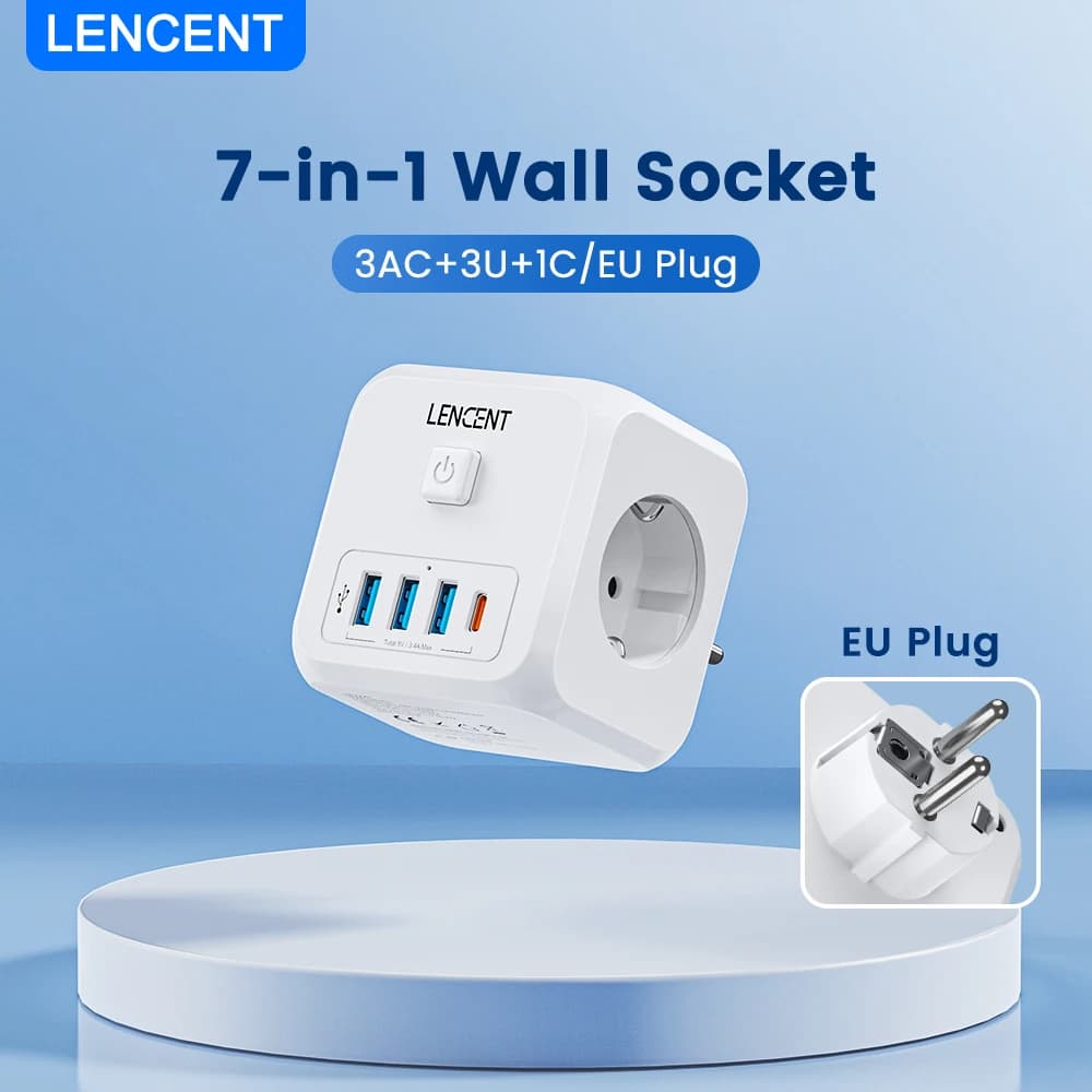 LENCENT EU Plug Power Strip with 3 AC Outlets +3 USB Charging Ports+ 1 Type C 5V 2.4A Adapter 7-in-1 Plug Socket On/Off Switch